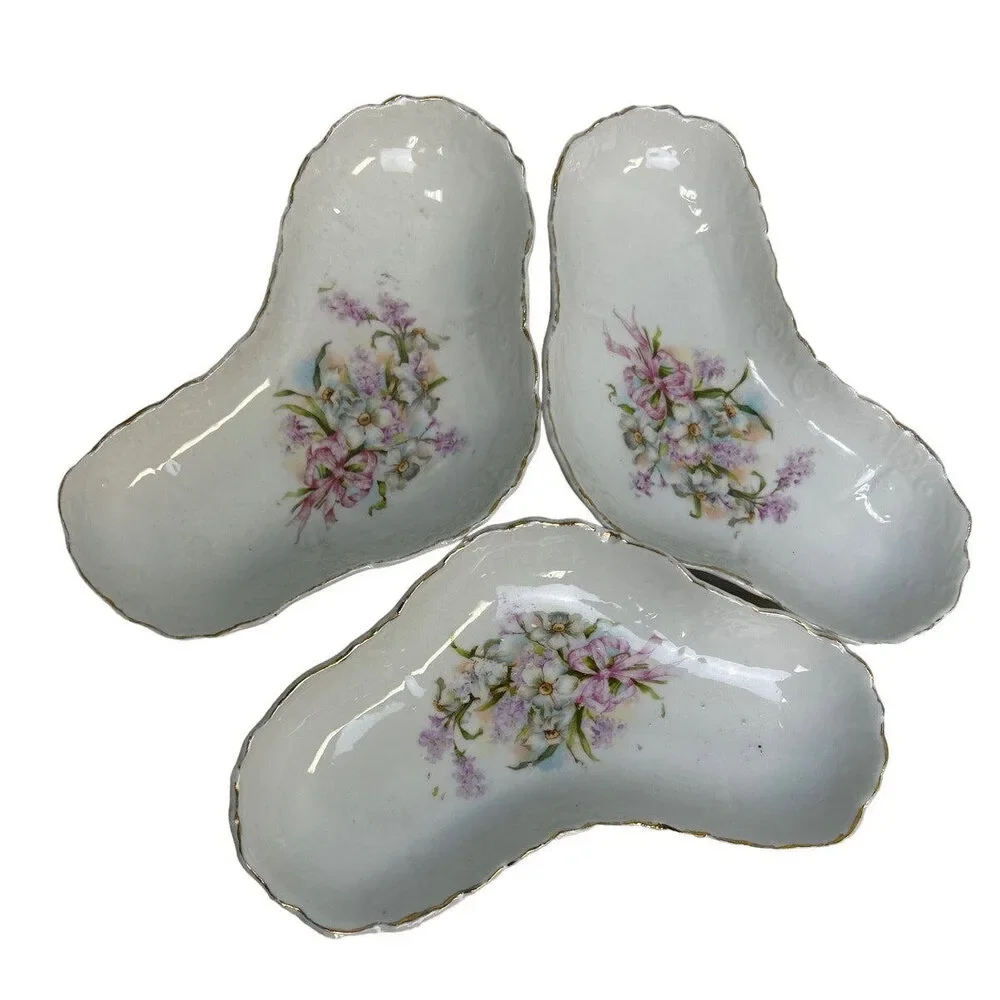 Set of 3 Vintage Heart Shaped Triangle Ceramic Shallow Floral Dishes Tablescape